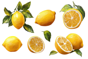 Fresh lemons displayed with leaves and cut sections illustrating vibrant yellow color and juicy texture png