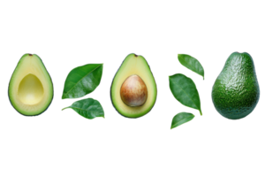 Sliced avocado and leaves showcasing its fresh, nutritious elements on a white background png