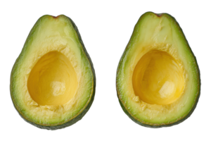 Freshly cut ripe avocados displayed in halves on a plain background highlighting their creamy texture png