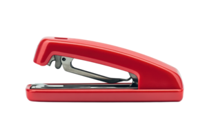 Bright red stapler placed on a clean desk surface perfect for organizing documents in an office environment png