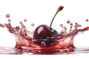 Cherry splashes into red liquid creating dynamic droplets in a bright setting png