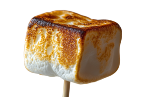 Golden brown marshmallow roasting on a stick over an open flame in a cozy outdoor setting png