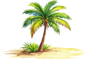 Tall palm tree with vibrant leaves stands on sandy beach with greenery around it during sunny day png