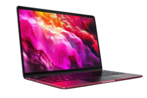Sleek red laptop with vibrant display showcasing colorful patterns in a modern workspace setting png