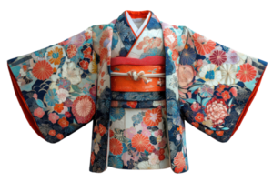 Traditional Japanese kimono with vibrant floral patterns displayed in a bright setting png