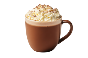 Rich hot chocolate topped with whipped cream and chocolate shavings in a cozy cafe setting png