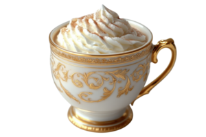 Exquisite cup of hot beverage topped with whipped cream and cocoa in elegant china setting on a bright background png