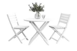 Outdoor dining setup with white tables and chairs featuring a decorative vase and glass in a modern style png