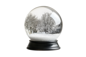 Snow globe capturing a serene winter landscape with trees and snow on a black base png