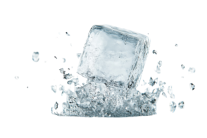 Frozen water cube splashing into clear liquid creating droplets and bubbles in a bright environment png