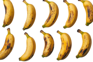 Bananas with brown spots arranged in a grid pattern on a white background png