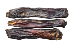 Dried pieces of chicharron showcasing their rich, deep color and textured surface against a neutral background png