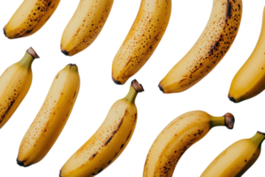Fresh ripe bananas arranged on a white background, showcasing their vibrant yellow color and distinct speckles png