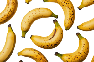 Fresh yellow bananas scattered on a white background showing ripe and overripe fruit png