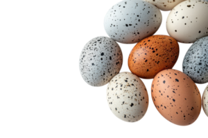 Colorful speckled eggs arranged artistically on a light background showcasing different shades and patterns png