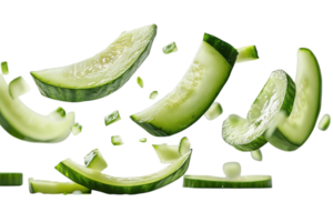 Cucumber slices floating in mid-air create a fresh and vibrant culinary display png