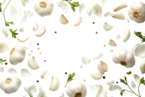 Garlic and herb elements arranged beautifully with scattered petals for culinary inspiration png
