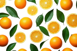 Fresh oranges and citrus slices arranged with green leaves on a white background showcasing vibrant colors and natural beauty png