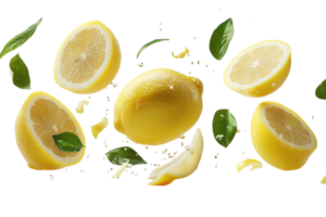 Bright yellow lemons and fresh basil leaves floating in mid-air create a refreshing culinary atmosphere png