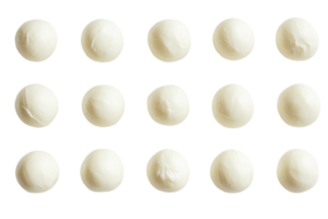 Small white mozzarella balls arranged neatly in a grid pattern on a white background png