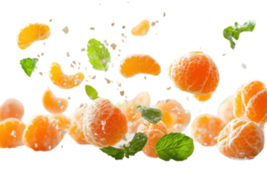 Bright mandarin slices and mint leaves create an energetic splash in a fresh fruit display png
