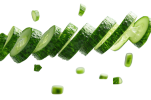 Sliced cucumbers floating in the air against a white background with blurred pieces png