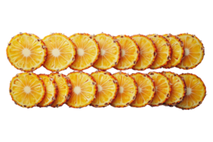 Sliced orange rounds arranged in a line for a vibrant display on a white background png