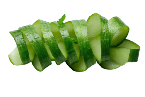 Sliced cucumber arranged in a spiral pattern on a white background for fresh culinary presentation png