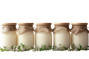 Jars of creamy yogurt displayed with decorative herbs on a rustic wooden surface png