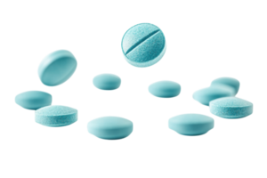 Blue tablets fall gracefully on a white surface, creating a striking visual display of medication png
