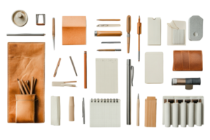 Various writing tools and stationery items neatly organized on a white background in a creative workspace png