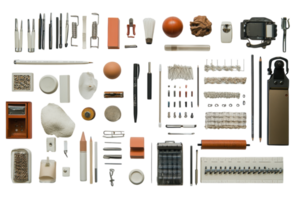 Organizing a creative workspace with various tools, stationery, and materials for artistic projects png