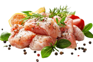 Fresh fish fillets garnished with herbs and spices, ready for preparation and cooking in a kitchen setting png