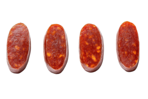 Slices of traditional cured chorizo arranged evenly on a white background for culinary presentation png