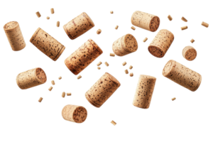 Corks scattered on a white surface create a dynamic and intriguing composition of natural materials png