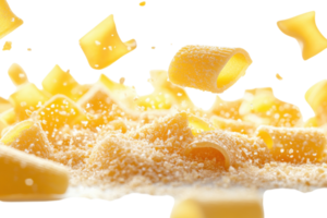 Pieces of pasta falling over a bed of fine crumbs against a bright white background png