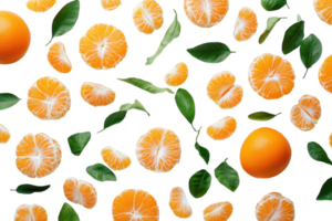 Bright orange slices and leaves arranged artistically on a white background showcasing freshness and vibrancy png