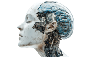 Exploration of artificial intelligence through a cyborg head showcasing intricate mechanical details and a human-like brain png