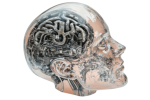 Intricate design of a human brain in a transparent head sculpture showcasing advanced technology and creativity png
