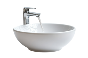 Modern faucet pouring water into a minimalist white bowl sink in a bright indoor setting png