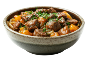 Hearty beef stew with vegetables served in a rustic bowl png