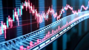 Red candlestick chart showing cryptocurrency increasing profits over time on blue abstract background, concept of success in finance and investment video