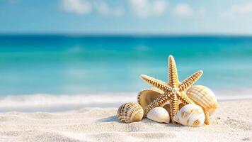 Tranquil tropical paradise scene, starfish and seashells rest on a white sandy beach with sea gentle turquoise waves summer background copy space for your text video