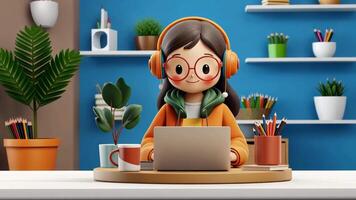 3d icon Happy student using laptop for online education, wearing headphones and sitting at desk with books and coffee in 3d render on transparent background video