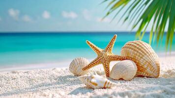 Tranquil tropical paradise scene, starfish and seashells rest on a white sandy beach with sea gentle turquoise waves summer background copy space for your text video