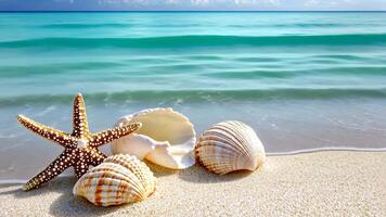 Tranquil tropical paradise scene, starfish and seashells rest on a white sandy beach with sea gentle turquoise waves summer background copy space for your text video