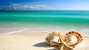 Tranquil tropical paradise scene, starfish and seashells rest on a white sandy beach with sea gentle turquoise waves summer background copy space for your text video