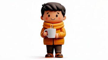 3d icon man character with a warm drink coffee and a smile, capturing the cozy feel of autumn, perfect for seasonal design projects video