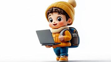 3d icon of a happy boy in winter attire and backpack, holding a laptop, on a transparent background video