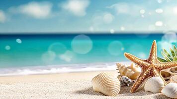 Tranquil tropical paradise scene, starfish and seashells rest on a white sandy beach with sea gentle turquoise waves summer background copy space for your text video
